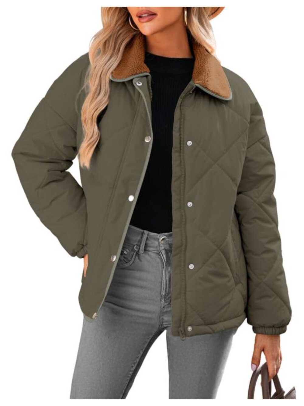 Women's Quilted Snap Front Puffer Jacket Loose Fit Insulated Winter Coat